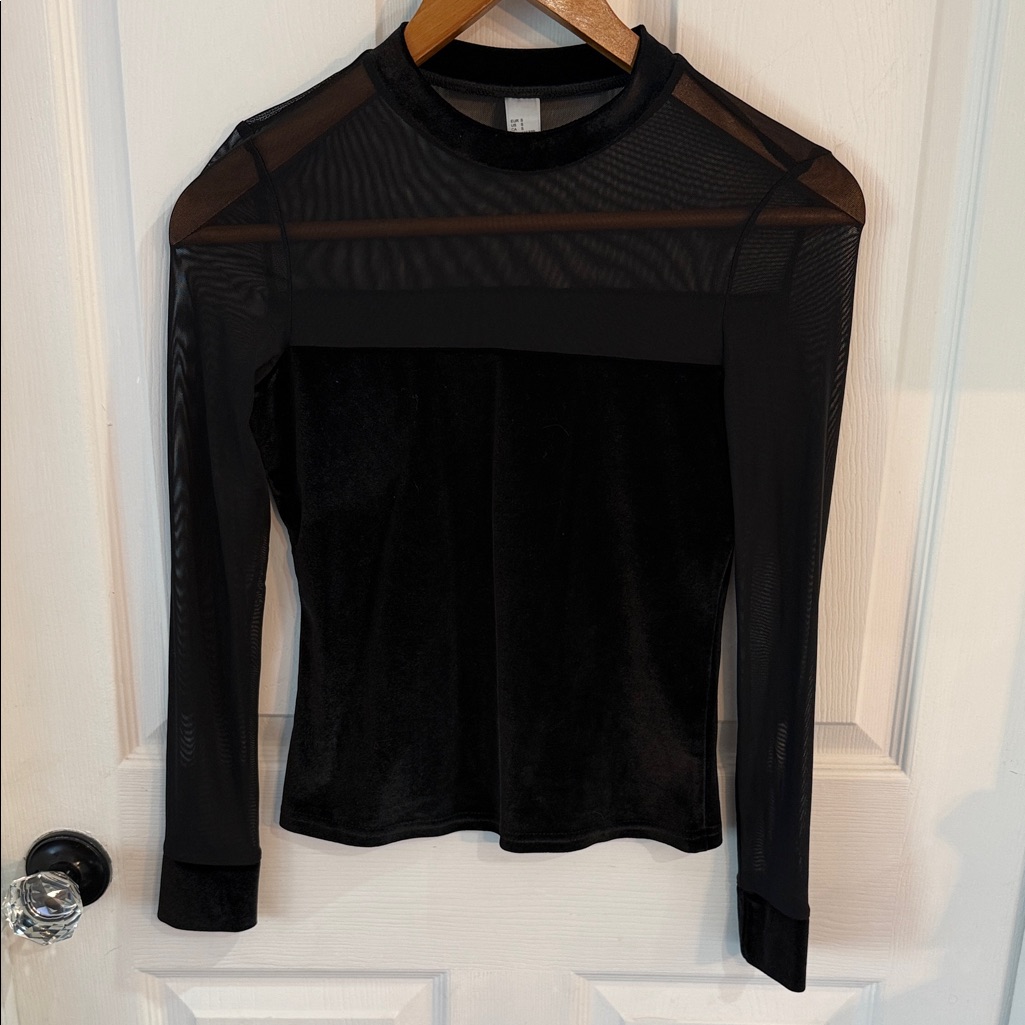 Black Sheer Mesh And Velvet Long-Sleeve Top